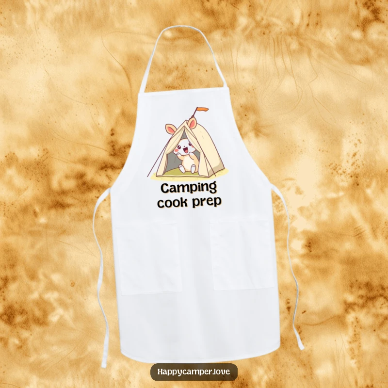 Funny apron showing a happy animal struggling comically to pitch a wobbly tent, ideal for kitchen or BBQ adventures.