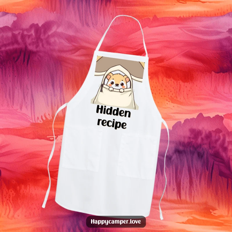 Funny apron with a curious animal peeking from a tent flap, adding a humorous touch to kitchen activities.