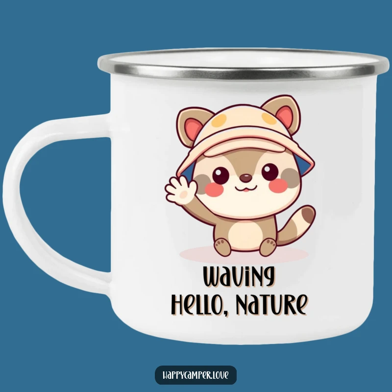 Funny Camp Mug: Cheerful Animal Waving, Outdoor Adventure Companion