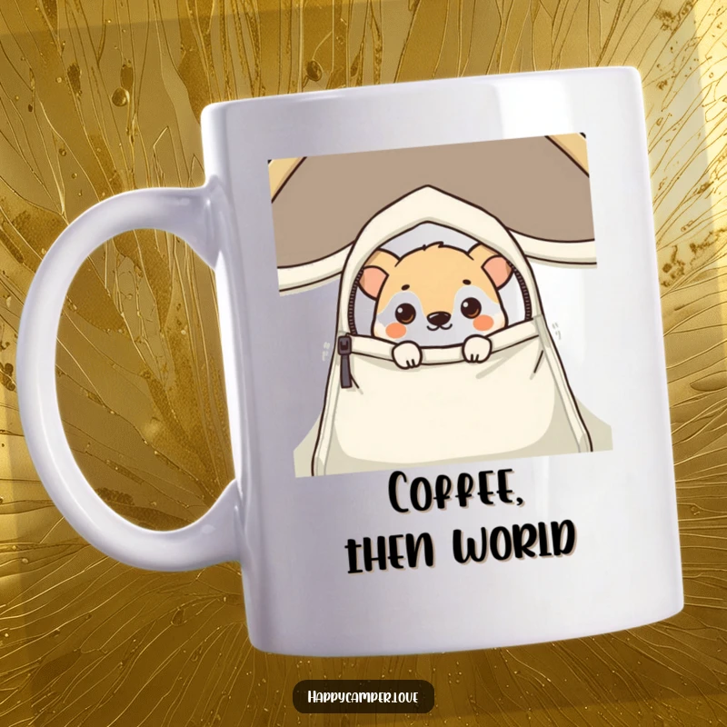 Funny mug with a cute animal's curious eyes peeking out from a partially zipped tent flap, inviting a chuckle.
