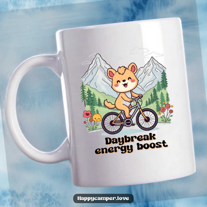 Funny mug showing a happy animal joyfully cycling past a breathtaking scenic mountain vista, celebrating freedom and adventure.