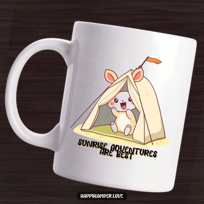 Funny mug featuring a cheerful animal hilariously struggling to pitch a wobbly tent, looking utterly delighted by the effort.