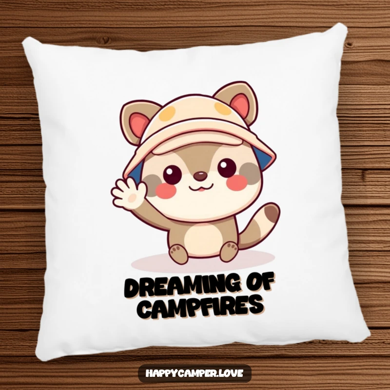 Funny camper pillow with a cheerful animal character wearing a tiny camper hat, waving enthusiastically, offering comfort and adventure.