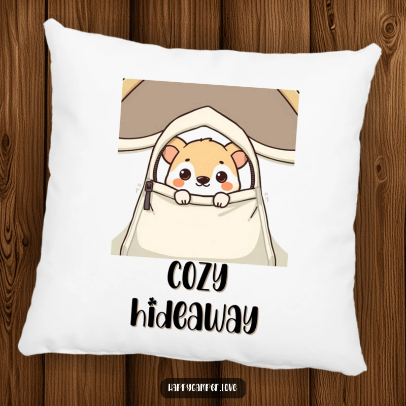 Funny pillow showing a cute animal curiously peeking out from a zipped tent flap, offering comfort and a hint of fun.