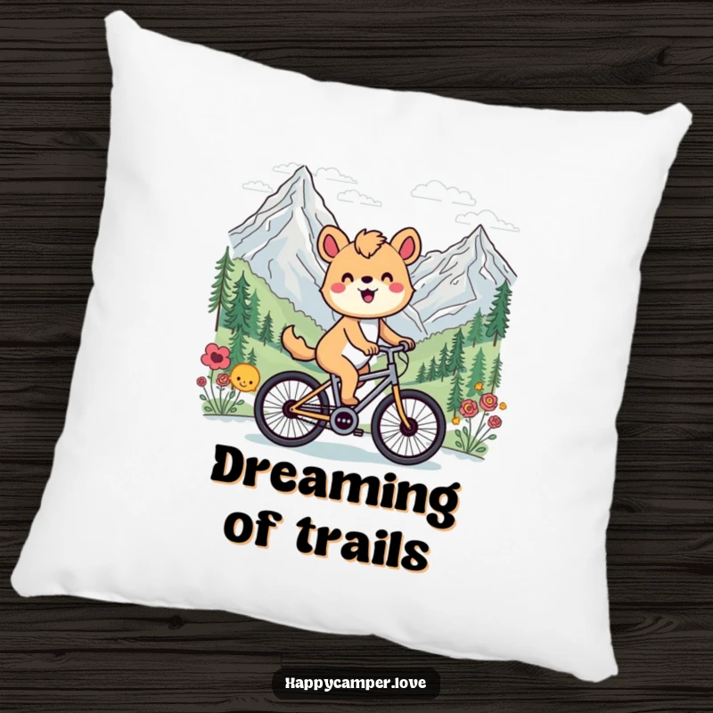 Funny pillow featuring a happy animal cycling past a scenic mountain vista, perfect for adding comfort and cheer.
