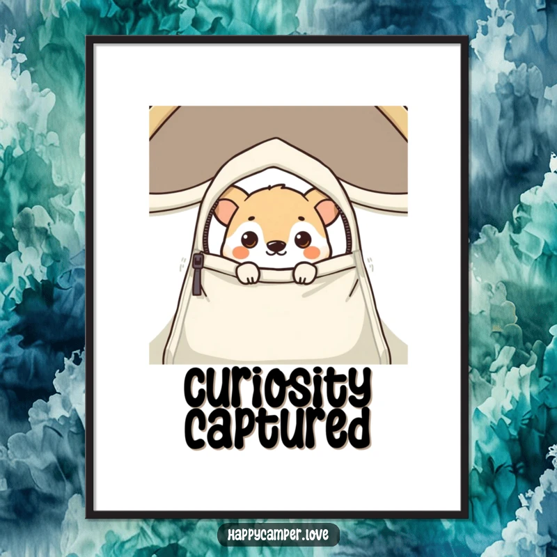 Funny digital art print of a curious animal peeking from a tent flap, offering instant whimsical wall decor.