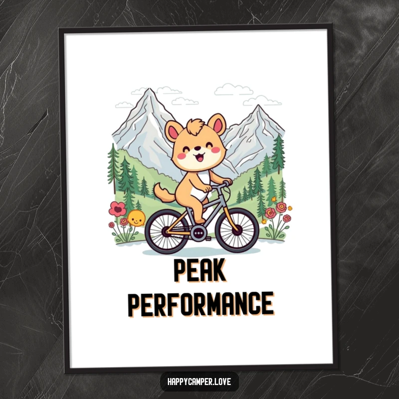 Funny digital art print of a happy animal cycling past a scenic mountain vista, offering instant uplifting wall decor.