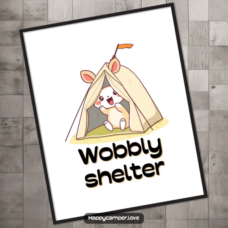 Funny digital art print of a gleeful animal hilariously struggling to pitch a shaky, wobbly tent, offering instant wall decor laughs.