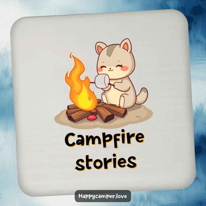 Funny coaster depicting an animal happily roasting a marshmallow over a crackling campfire, adding warmth and humor to your table.