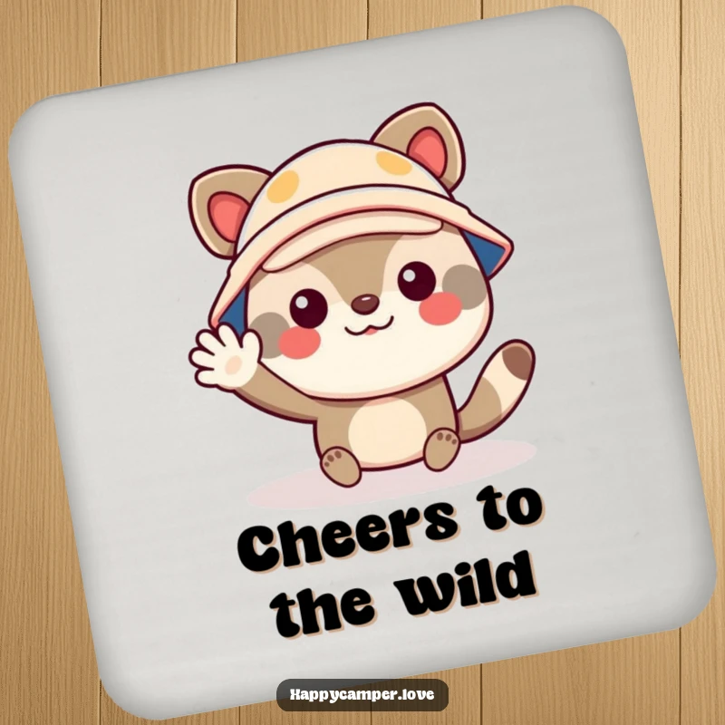 Funny coaster showing a cheerful animal character wearing a tiny camper hat, waving enthusiastically, protecting surfaces with charm.