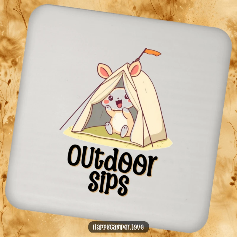 Funny coaster depicting a happy animal hilariously struggling to set up a wobbly tent, adding humor to drink protection.