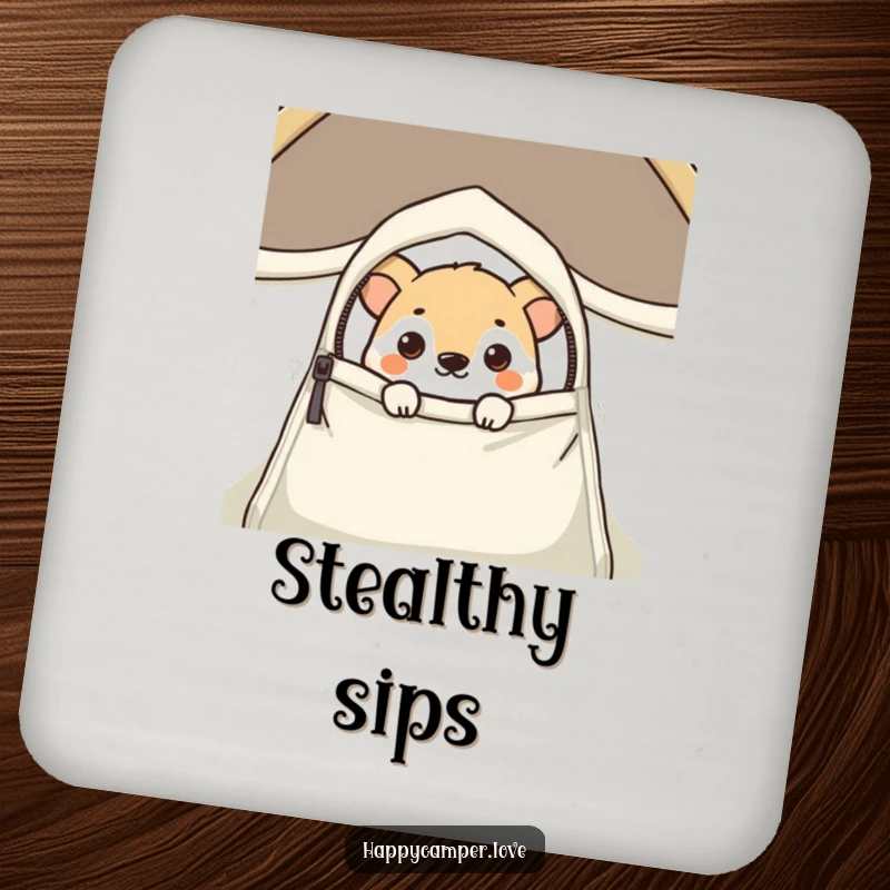 Funny coaster depicting a curious animal peeking from a tent flap, adding subtle humor and charm to your table.
