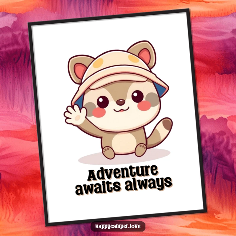 Funny poster depicting a cheerful animal character wearing a tiny camper hat, waving enthusiastically, adding whimsical charm.