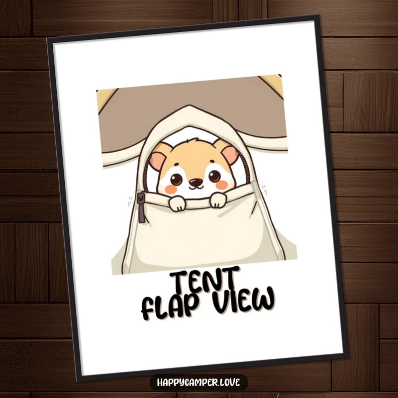 Funny poster depicting a curious animal peeking from a zipped tent flap, creating a whimsical and engaging outdoor scene.