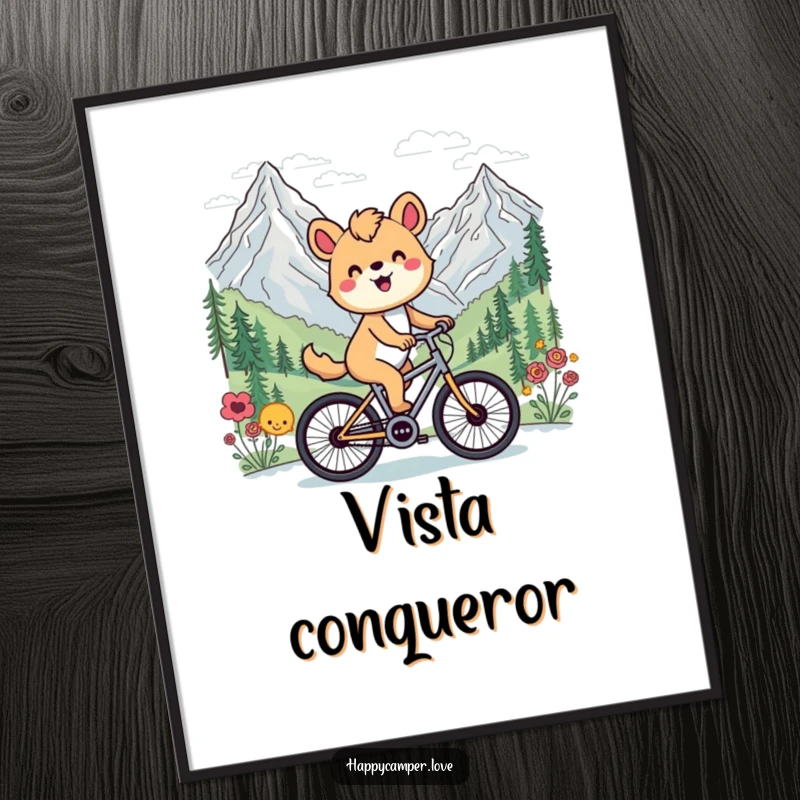 Funny poster showcasing a happy animal cycling past a scenic mountain vista, creating a vibrant and uplifting piece of art.