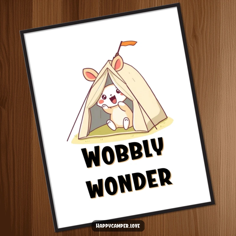 Funny poster showcasing a delighted animal humorously wrestling with a wobbly tent, an exciting and comical outdoor scene.