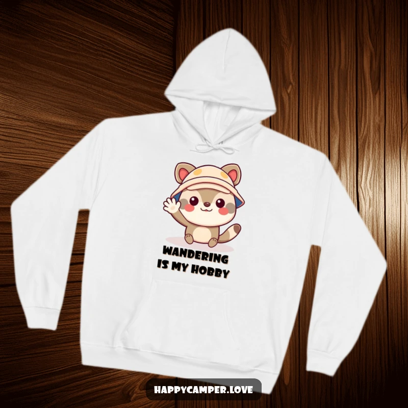 Funny camper hoodie with a cheerful animal character wearing a tiny camper hat, waving enthusiastically, perfect for cool weather.