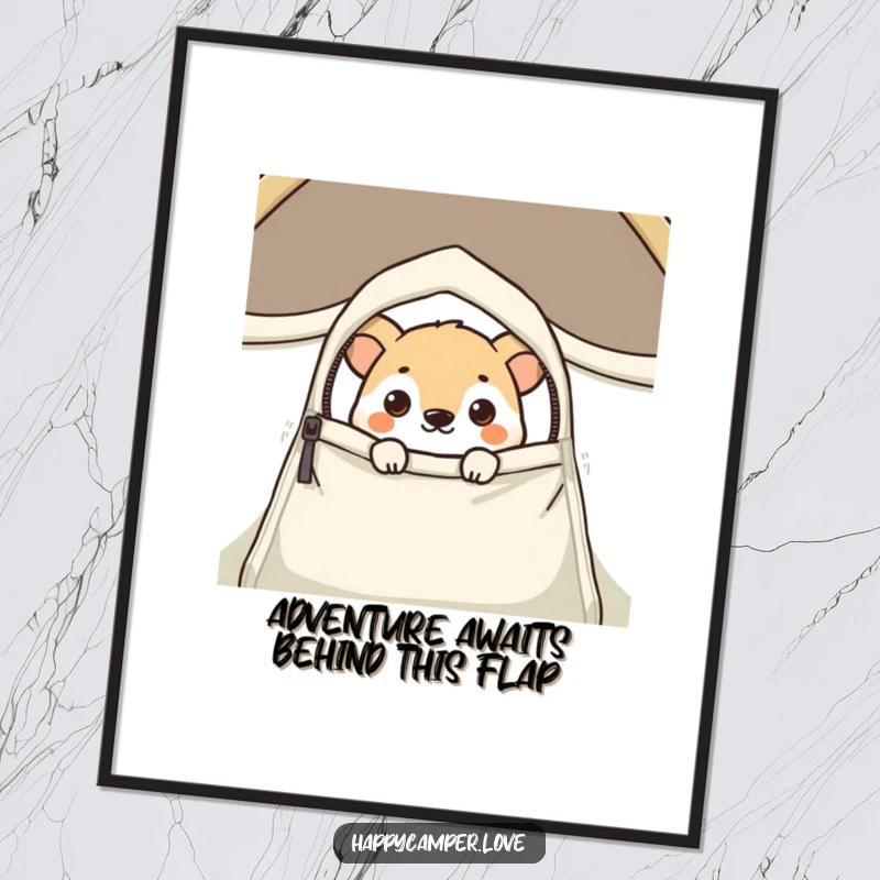 Funny free printable wall art of a curious animal peeking out from behind a tent flap.