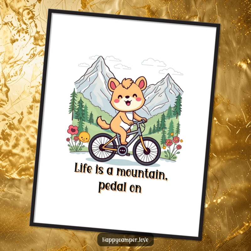 Funny free printable wall art of a joyful animal cycling past a breathtaking mountain range.