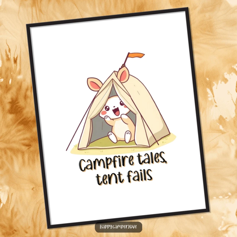 Funny free printable wall art of an excited animal comically failing to pitch a wobbly tent.