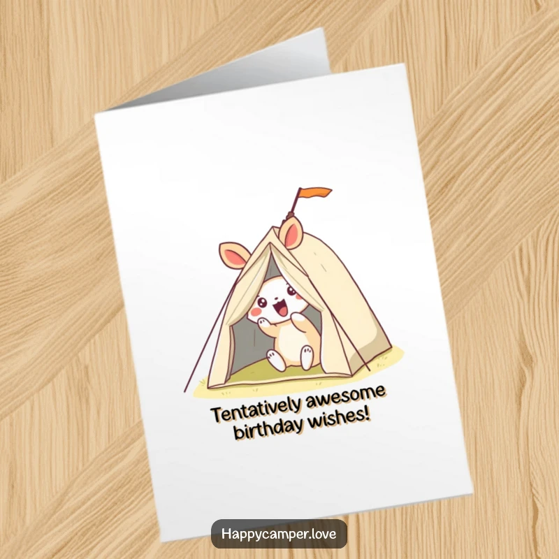 Funny free printable birthday card featuring an excited animal struggling comically with a wobbly tent setup.