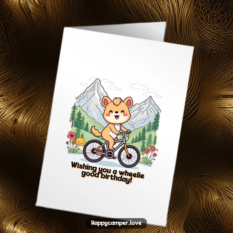 Funny free printable birthday card featuring a joyful animal cycling energetically past a stunning mountain view.