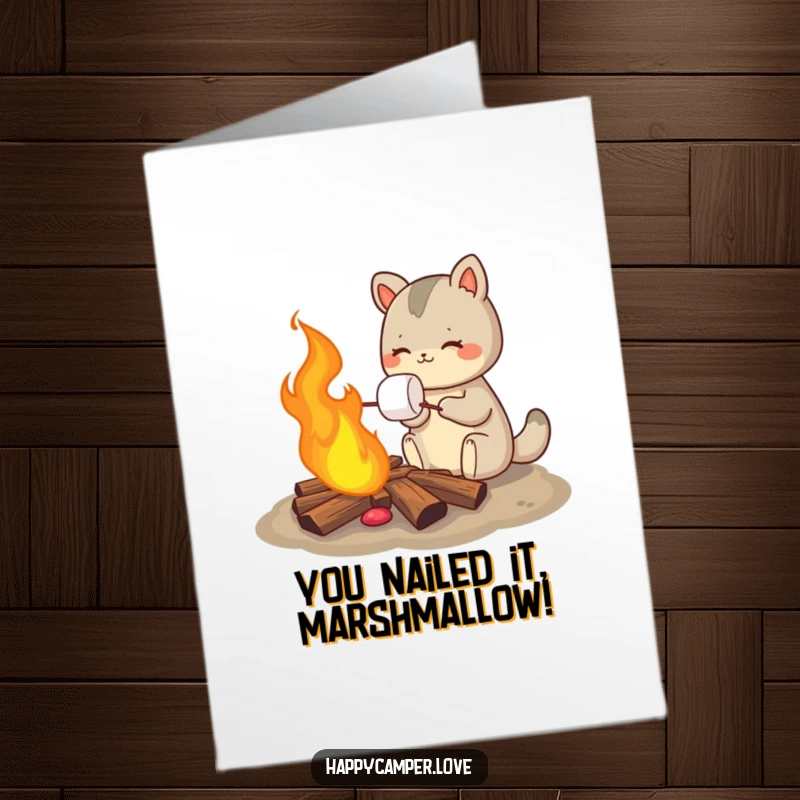 Funny free printable congratulations card depicting an animal happily roasting a marshmallow over a campfire.