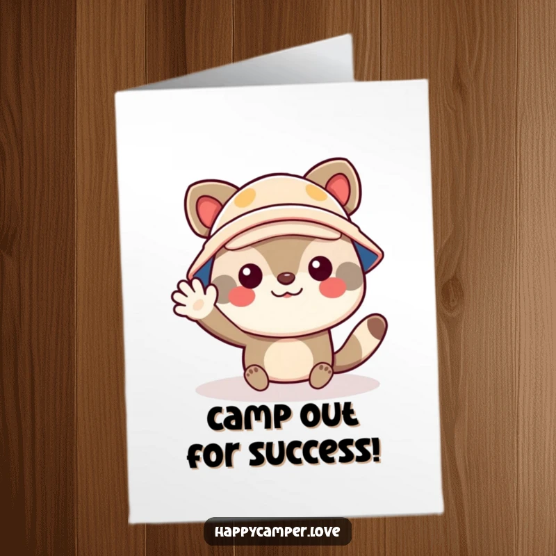 Funny Free Printable Congrats Card: A happy camper animal wearing a small hat waves with great enthusiasm, celebrating a milestone.