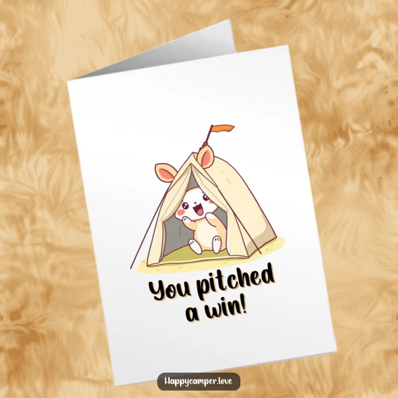 Funny free printable congratulations card showing a thrilled animal hilariously failing to pitch a tent.