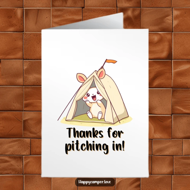 Funny free printable thank you card with an animal hilariously attempting to erect a wobbly tent.
