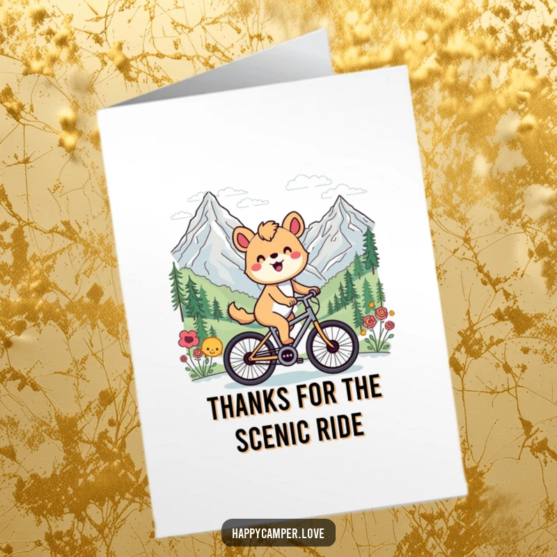 Funny free printable thank you card depicting a happy animal cycling through a beautiful mountain vista.