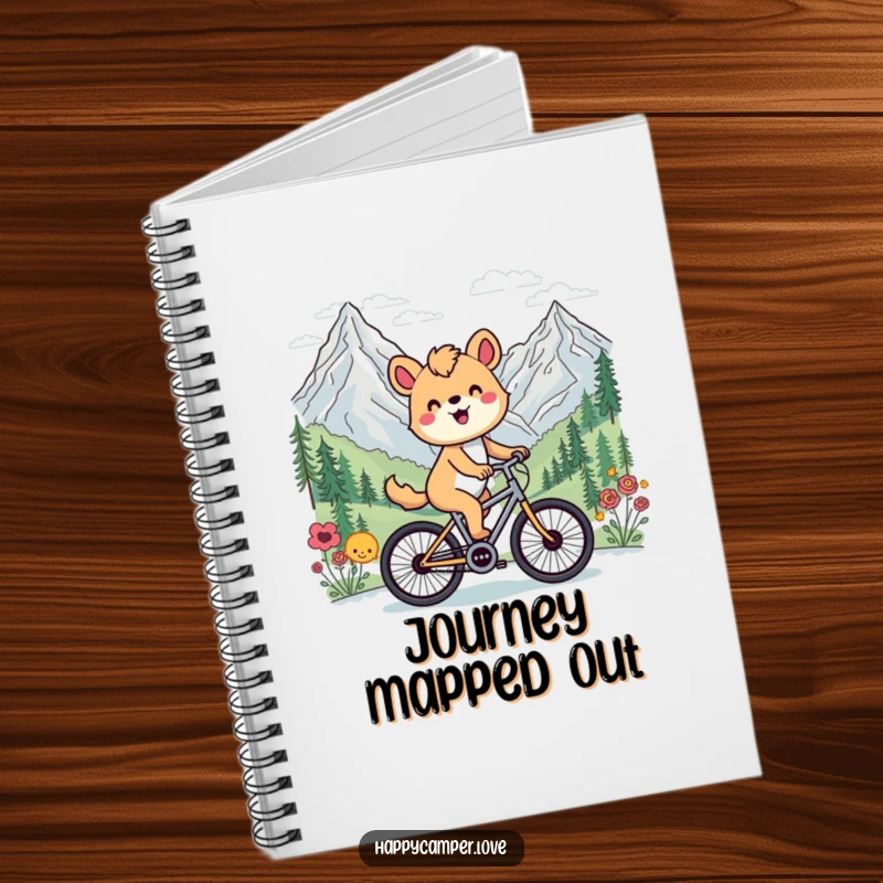 Funny notebook cover featuring a happy animal cycling past a scenic mountain vista, inspiring notes and creative ideas.
