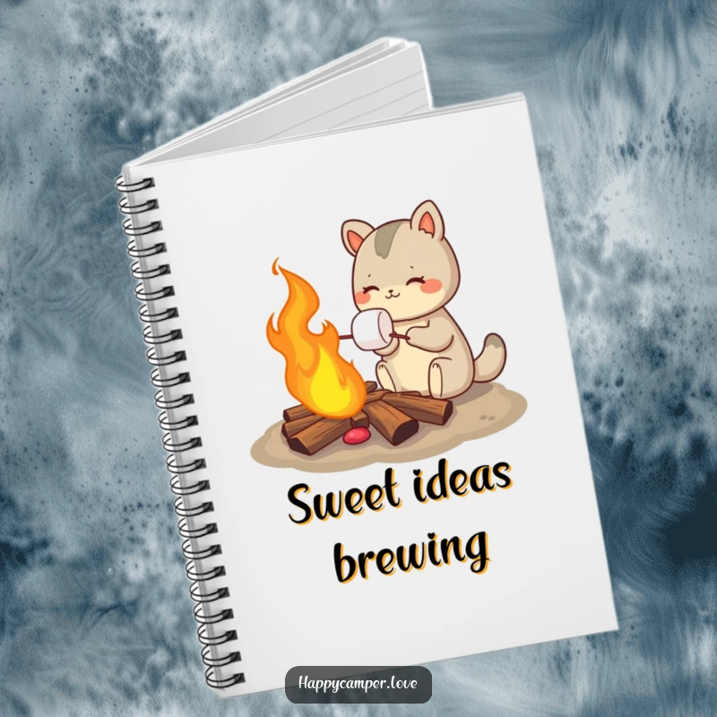 Funny notebook cover featuring a happy animal roasting a marshmallow over a campfire, inspiring sweet thoughts and creativity.