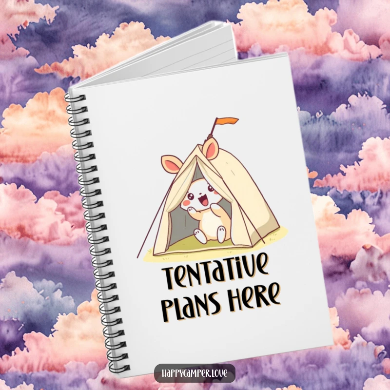 Funny notebook cover featuring a gleeful animal hilariously attempting to set up a shaky, wobbly tent, inspiring creativity.