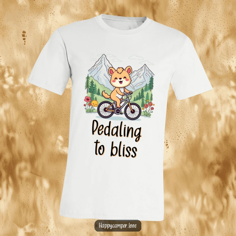 Funny t-shirt depicting a joyful animal happily cycling past a scenic mountain vista, embodying freedom and outdoor exploration.