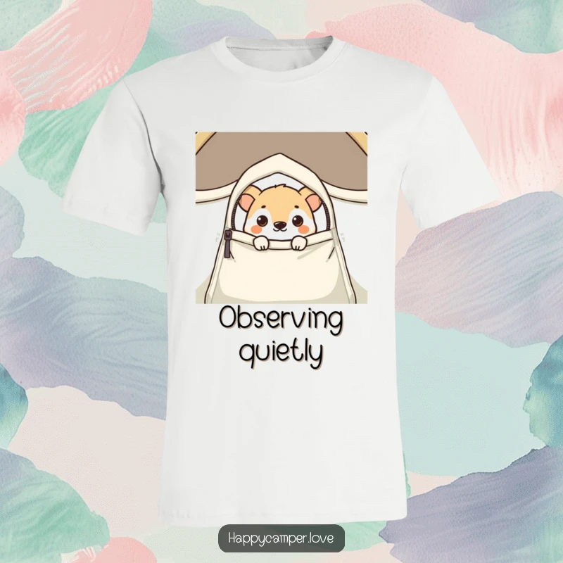 Funny t-shirt showcasing a curious animal playfully peeking from behind a zipped tent flap, hinting at hidden adventures.