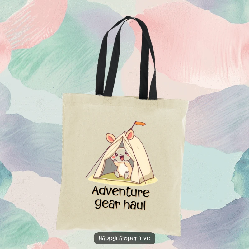 Funny tote bag illustrating a delighted animal hilariously struggling to erect a precarious, wobbly tent, perfect for carrying essentials.