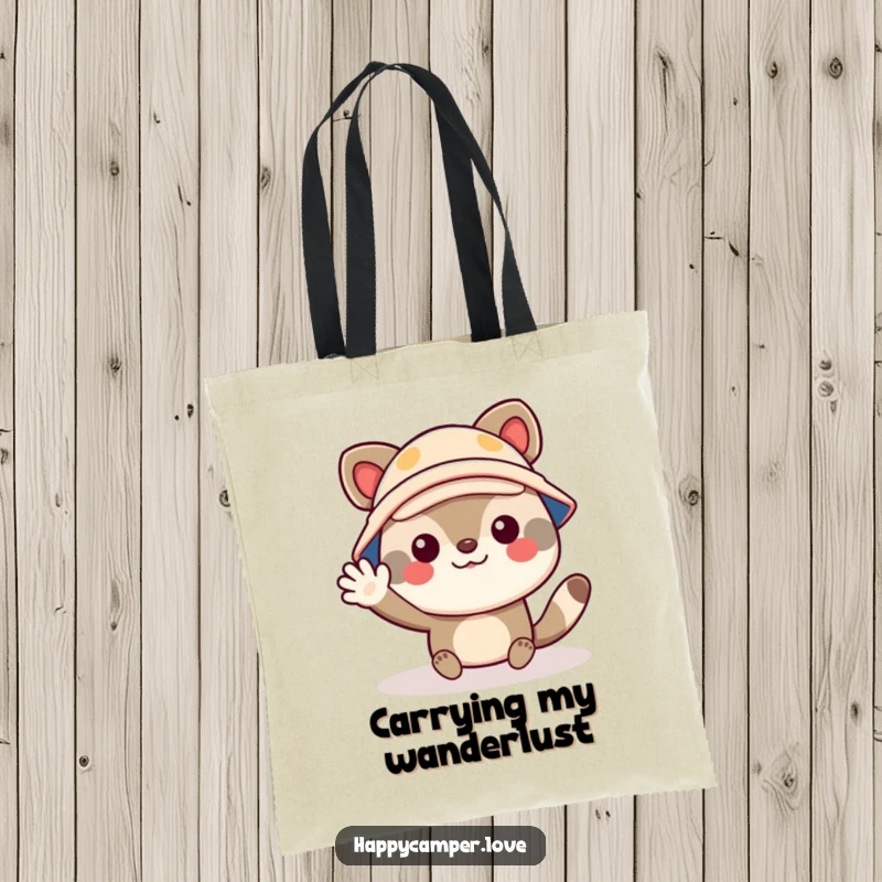 Funny tote bag featuring a cheerful animal character wearing a tiny camper hat, waving enthusiastically, perfect for carrying items.